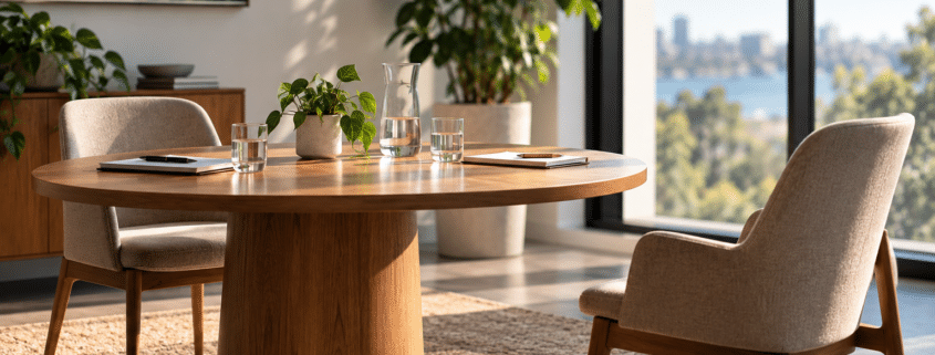 Two empty chairs at a table, one pushed back, representing when workplace mediation isn't the right fit.